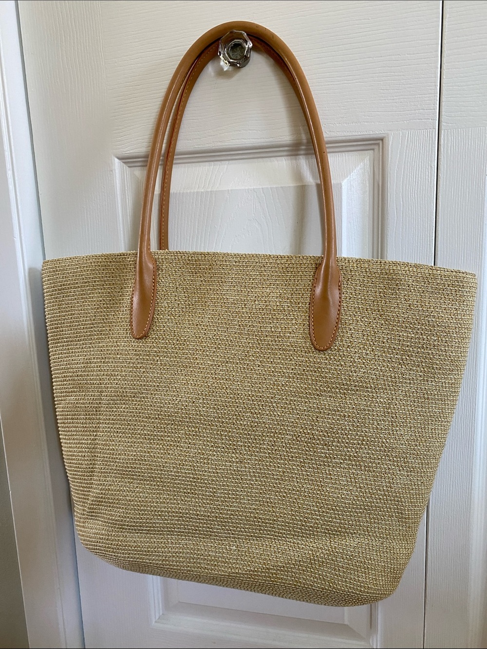Talbots Natural Straw Raffia Tote with Tan Handles Lined